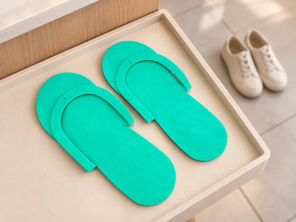 Green EVA slippers on a reception tray, with closed shoes nearby