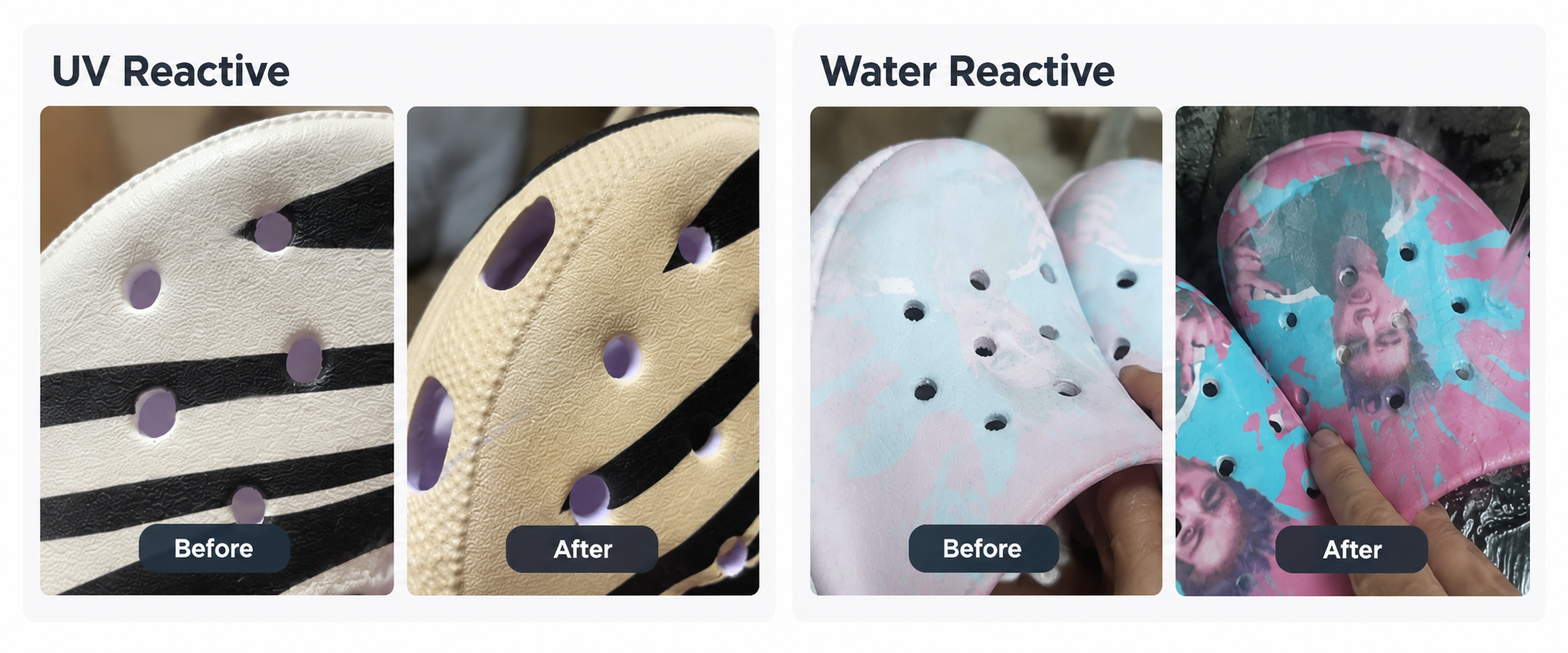 UV-reactive clog upper shown before and during UV exposure