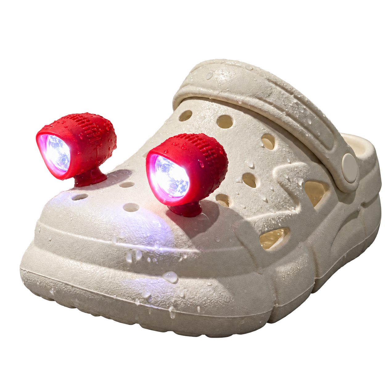 Red LED shoe light attached to an ivory clog